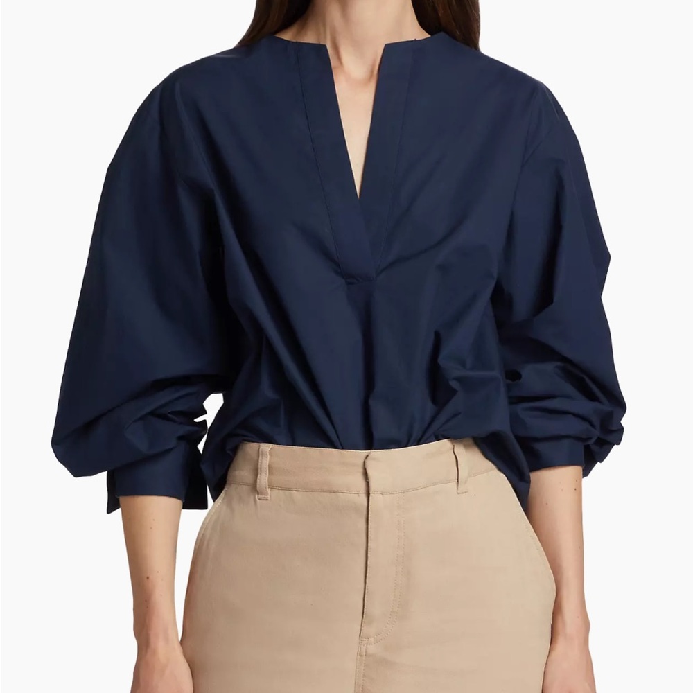 Frame Navy split neck Women's Top with balloon sleeves
